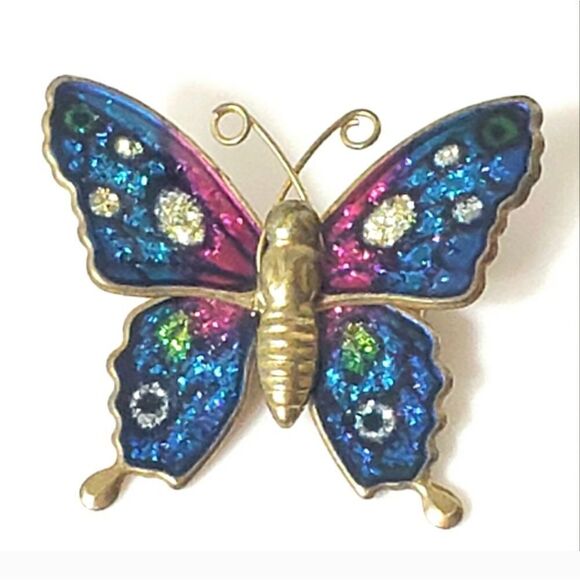 VINTAGE Glitter Enameled Brass Butterfly Brooch Pin - Picture 1 of 5